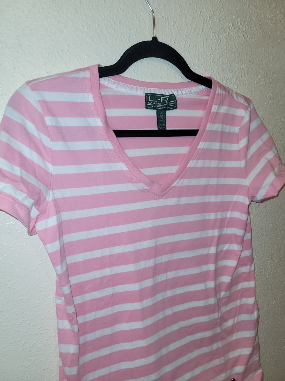 Lauren Ralph Lauren Active Pink White Striped V-Neck Tee Small - Picture 4 of 6